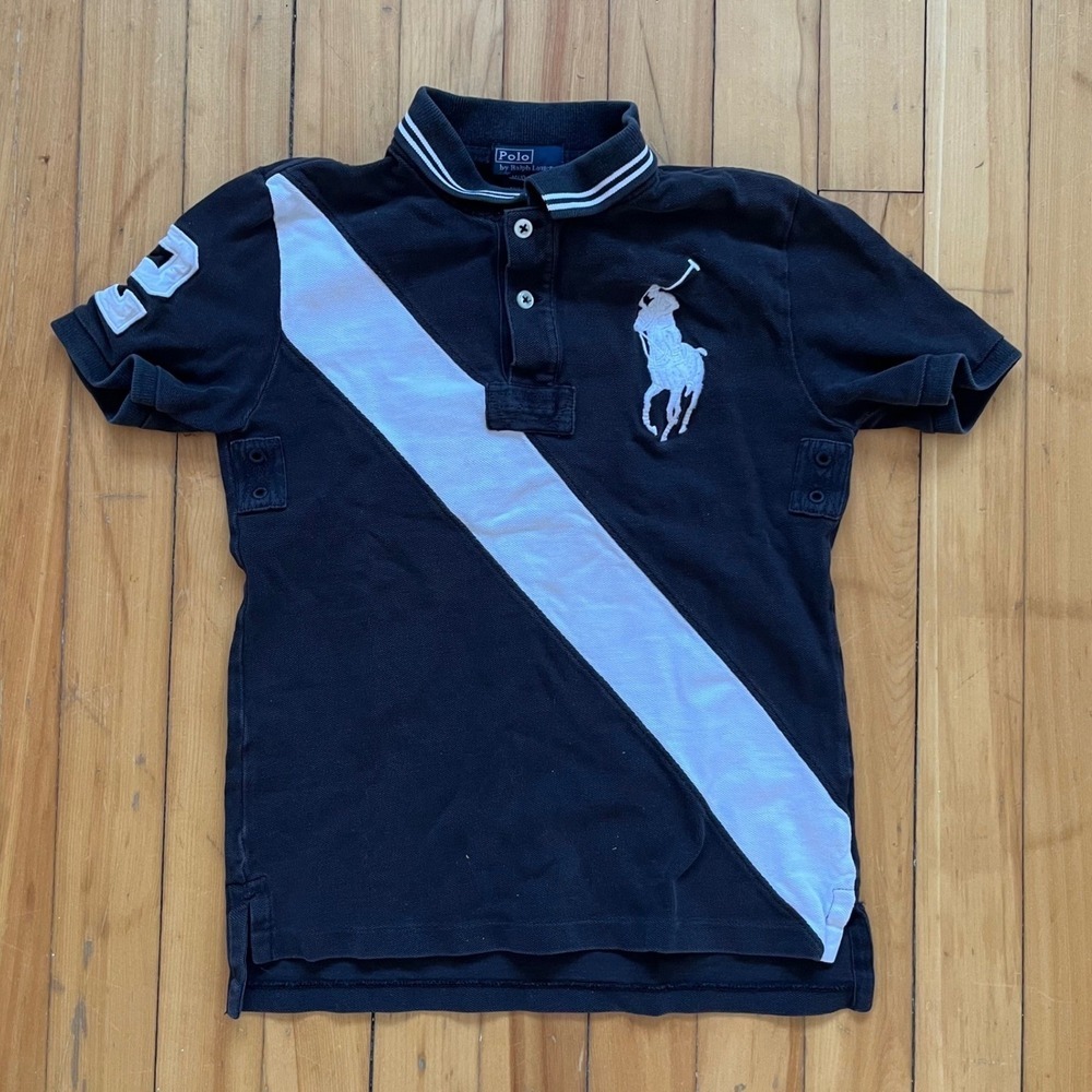 Polo Ralph Lauren Boys Big Pony Sash Polo Shirt Black White Size M 10-12